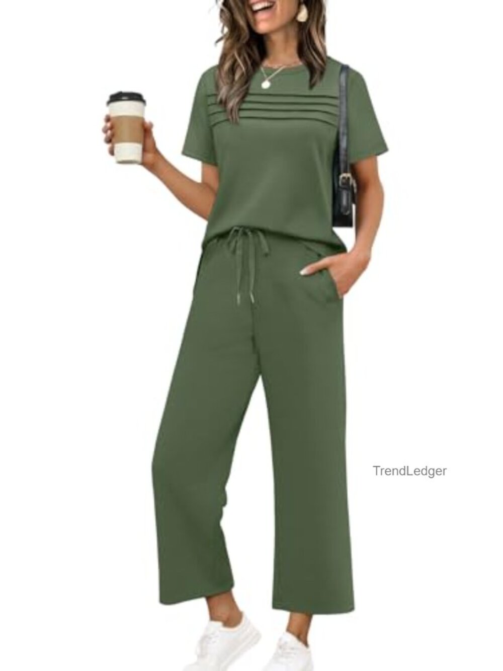 Womens Two Piece Lounge Set Short Sleeve Wide Leg Crop Pants